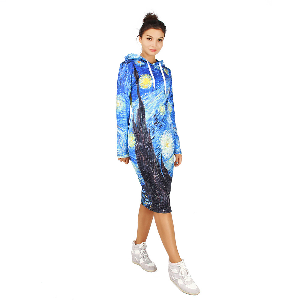 SZ60077 Blue Vortex Hooded Sweatshirt Dress Women Long Sleeve Hoodies Dress